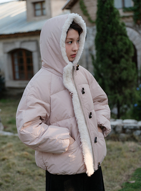 Botanique植物学“节日氛围”拼接羊毛90白鸭绒连帽羽绒服