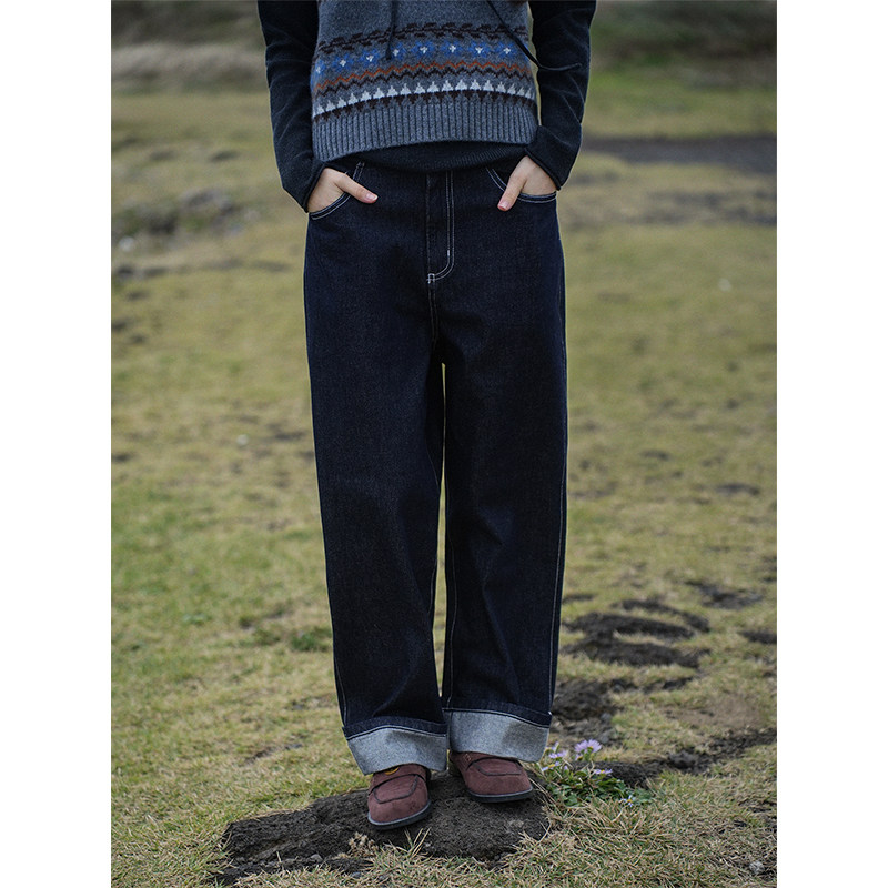 Botanique植物学“济州岛冬日”深蓝底抓绒脚口翻折牛仔裤
