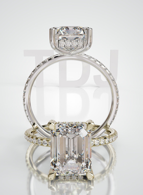 18K金祖母绿切主石四爪镶底托围镶满圈戒轻奢小众设计婚戒可定制