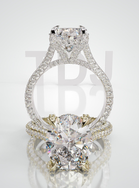 18K金椭圆主石四爪分排满镶戒轻奢小众设计婚戒可定制百搭食指戒