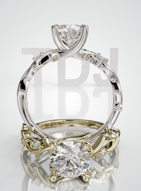 18K金圆形主石四藤蔓侧石戒轻奢小众设计感婚戒可定制百搭食指戒