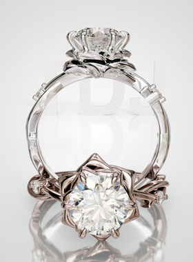 18K金圆形主石莲花造型侧石戒轻奢小众设计婚戒可定制百搭食指戒