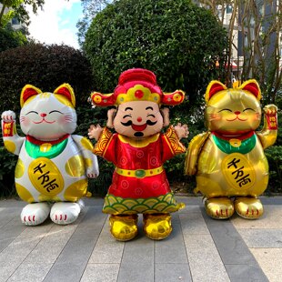 新年装饰招财猫财神爷卡通铝膜气球60寸节日庆典吉祥物人偶套装新