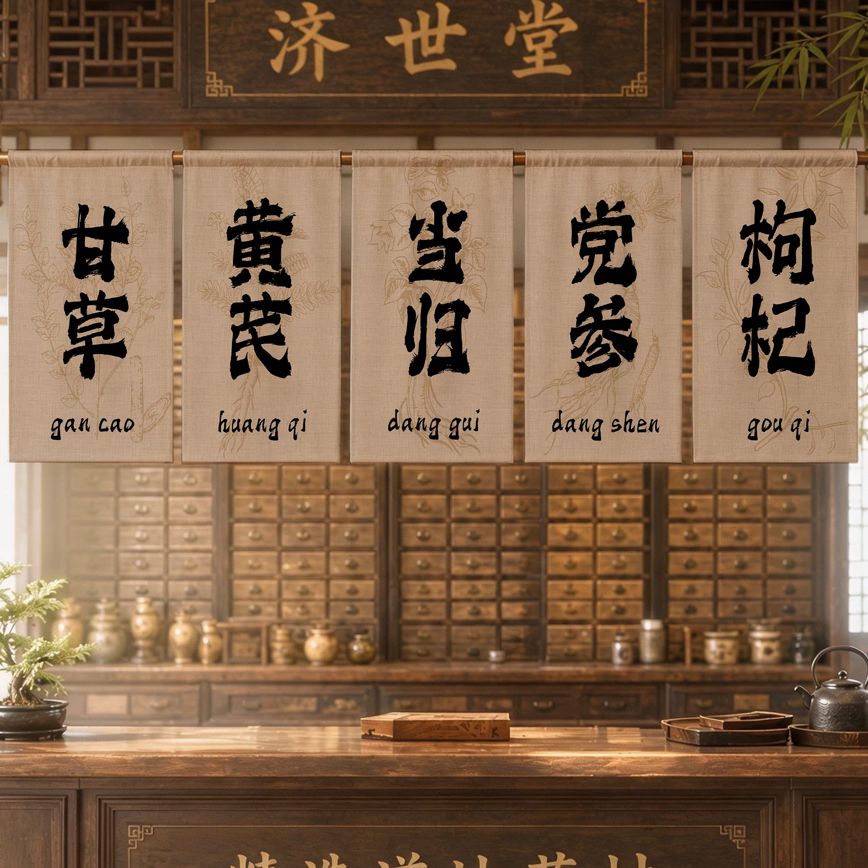 中医馆门头横帘中药店装饰挂布图片
