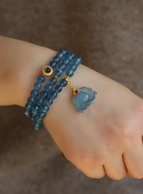 高端定制天然海蓝宝多圈搭配纯银鎏金镶嵌碧玺微镶锆石配饰紫牙乌