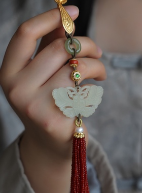 高端定制超美的压襟挂饰古色古香纯银鎏金如意挂扣搭配和田玉转环