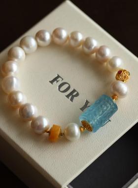 天然淡水珍珠手链天然海蓝宝精雕回纹桶珠纯银鎏金镶嵌红绿宝石