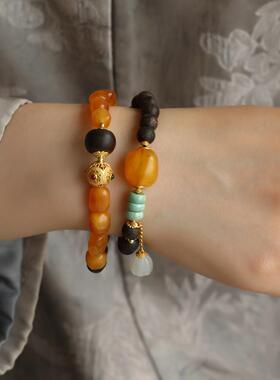 古风款特别的设计天然沉香手链搭配天然老花蜡蜜蜡随形多宝设计