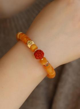 高端定制天然老花蜡直切手链配天然满色满肉南红精雕牡丹花珐琅彩