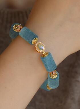 高端定制天然海蓝宝精雕回纹桶珠手链高级别品质搭配纯银多宝设计