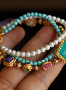 太美了吧仅一条啦纯银鎏金镶嵌天河石多宝手链颜色搭配高端定制