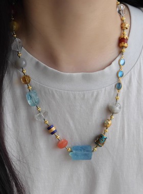 天然海蓝宝原石桶珠搭配沉香纯银珐琅彩天珠配饰幽灵聚宝盆海蓝宝