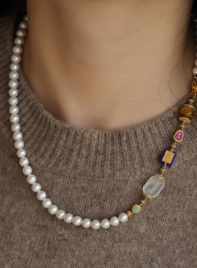 高端定制天然淡水珍珠项链搭配鎏金珍珠挂扣金虎眼碧玺葫芦青金石