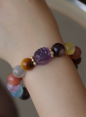 高端定制天然紫水晶精雕龙龟寓意富甲一方搭配金虎眼太阳石灰兔毛