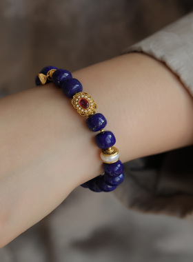 天然青金石老性质手链搭配纯银鎏金镶嵌青金石吊坠红刚玉配饰超美