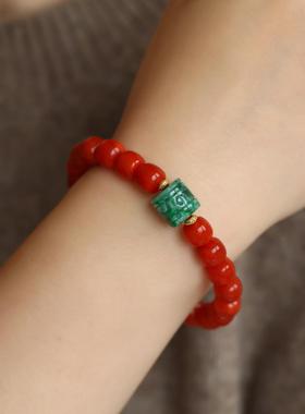 简约大气天然南红老型珠手链正宗川料樱桃红搭配天然翡翠A货回纹