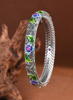 古朴优雅景泰蓝工艺编织镂空吉祥花足银手镯送朋友送妈妈