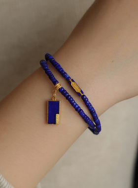 天然青金石双圈手链搭配纯银鎏金上上签配饰青金石无事牌吊坠