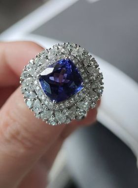 18K金钻石镶嵌精品坦桑石钻石戒指坦桑石5.20ct南非的高品质钻石