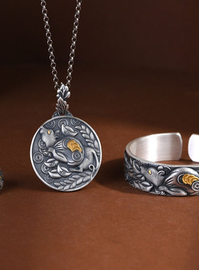 足银复古做旧古朴优雅金钱鼠元宝麦穗戒指吊坠手镯套装女