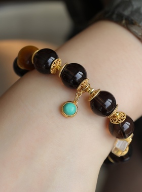 天然茶水晶手链配松石吊坠纯银鎏金钱币镶嵌白水晶如意配饰金虎眼