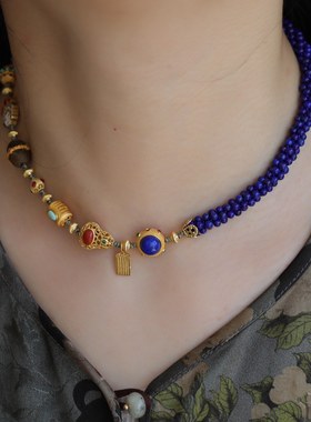 天然青金石手链纯手工配纯银鎏金镶嵌青金石松石五条经沉香珐琅彩