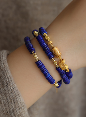 天然青金石项链搭配纯银鎏金古法桶珠纯银鎏金福字小金牌高端定制