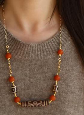 高端定制天然天珠玛瑙桶珠天然老腊配珠搭配14k注金链条万能扣