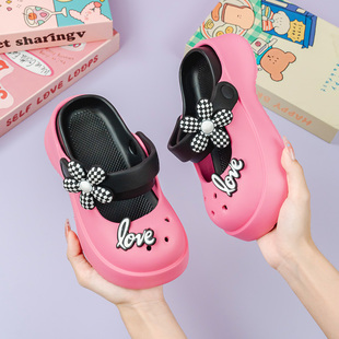防滑增高包头鞋 新款 穿搭拖鞋 百搭格子花女童洞洞鞋 亲子外穿时尚