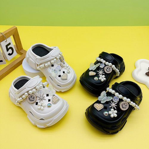 夏季新款珍珠链条洞洞鞋可爱百搭男女童亲子拖鞋软底防滑包头凉鞋