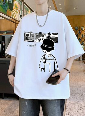 26573新款2026印花港风朱地棉短T男潮牌潮流宽松百搭半截袖上衣休