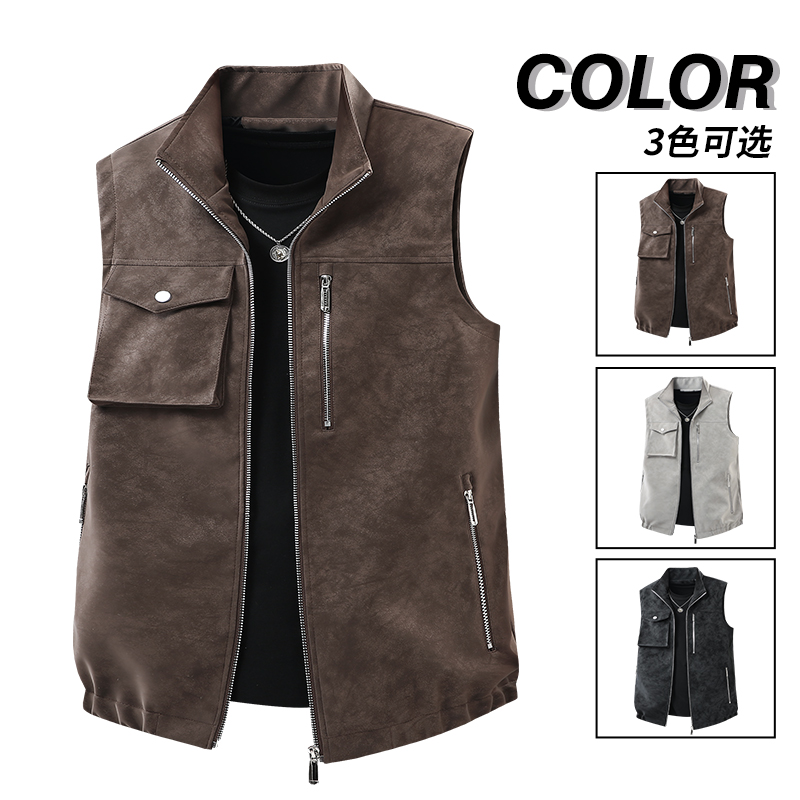 鹿皮绒马甲男秋冬保暖外套无袖上衣夹克防风加厚棉衣立领