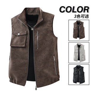 鹿皮绒马甲男秋冬保暖外套无袖上衣夹克防风加厚棉衣立领