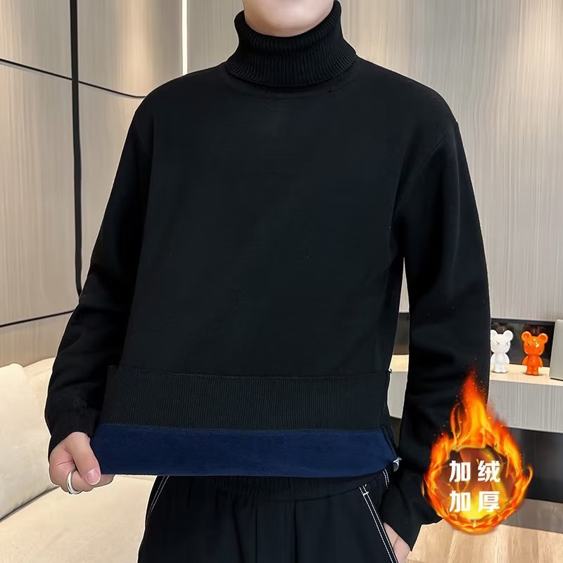 春秋冬季纯色加绒加厚修身针织衫长领打底衫可翻高领毛衣男士线衣