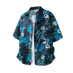 衬上衣 痞帅夏威夷情侣宽松沙滩五分半袖 海边度假花衬衫 男女士短袖