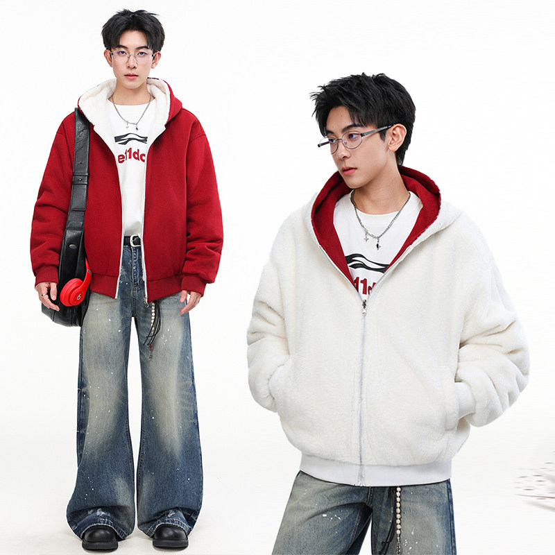 优续双面穿夹克男2025冬季新款加绒加厚保暖连帽开衫外套