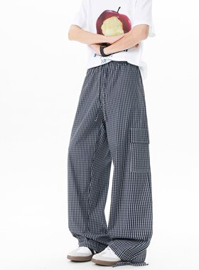 8XL-M 复古蓝色格子裤男垂感拖地遛弯裤直筒冰丝阔腿裤 K9129P58