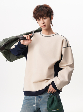 大码美式拼接撞色圆领卫衣男痞帅套头上衣外套 WY48-P60 380g