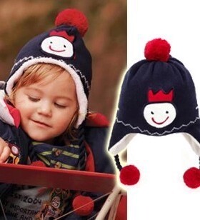 幼小童秋冬新帽子男童深蓝色毛线护耳帽套头帽宝宝加绒保暖帽子