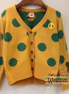 幼小童韩版CC童装儿童线衣男女童黄色绿点单排扣V领毛衣线衣
