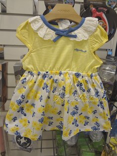 幼小童短袖连衣裙女童裙女童黄碎花边连衣裙女宝黄条拼接公主裙子