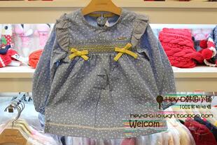 幼小童韩版童装 儿童长袖连衣裙 女童蓝白点短款左右黄蝴蝶结裙子