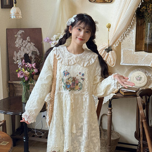 森系宫廷童话风彩色绣花蕾丝田园连衣裙收腰显瘦公主仙女裙长裙子