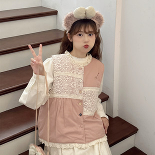 森系复古少女粉色蕾丝花边拼接棉布加厚背心冬季夹棉显瘦马甲外套