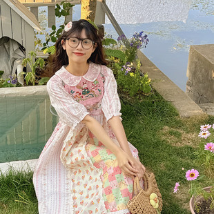 甜美少女粉色碎花蕾丝花边连衣裙森系复古兔子田园风刺绣拼接长裙