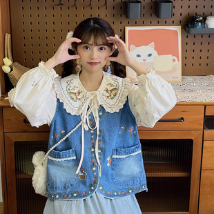 秋季复古感彩色花朵刺绣水洗牛仔浅蓝色马甲背心外搭叠穿森系外套