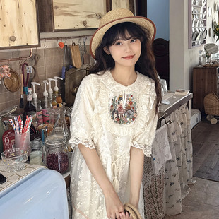 甜美温柔少女蕾丝娃娃领短袖 夏季 连衣裙森系复古绣花仙女裙长裙