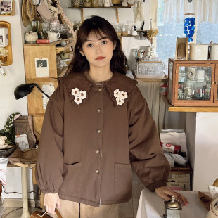 森系复古少女立体花朵娃娃领棉衣外套冬季大口袋夹棉上衣减龄棉服