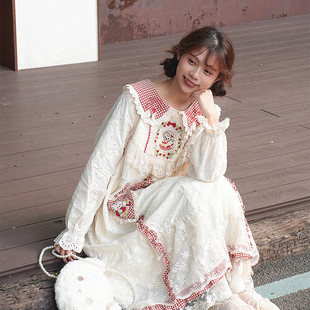 冬季 加绒加厚红色格刺绣子娃娃领蕾丝仙女裙温柔连衣裙打底裙长裙