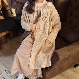 森女系温暖复古蕾丝花边中长款 毛衣慵懒风加厚编织显瘦毛线外套